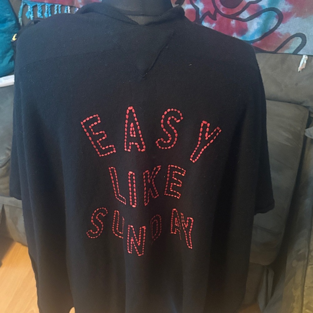 Sundry Black Sweater Poncho with Red “Easy Like Sunday” Accent